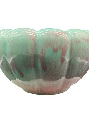 Vtg Ceramic Bowl Planter Green Pink Glaze West Coast Pottery 4"H x 6.5"D